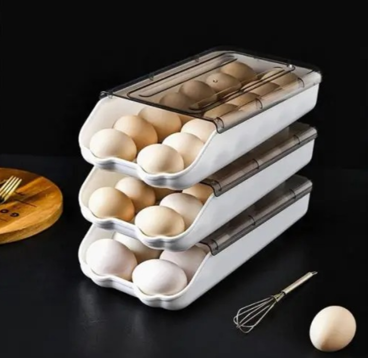 High Quality Auto Scrolling Egg Storage Holder Kitchen Egg Holder Refrigerator Egg Organizer with Lid